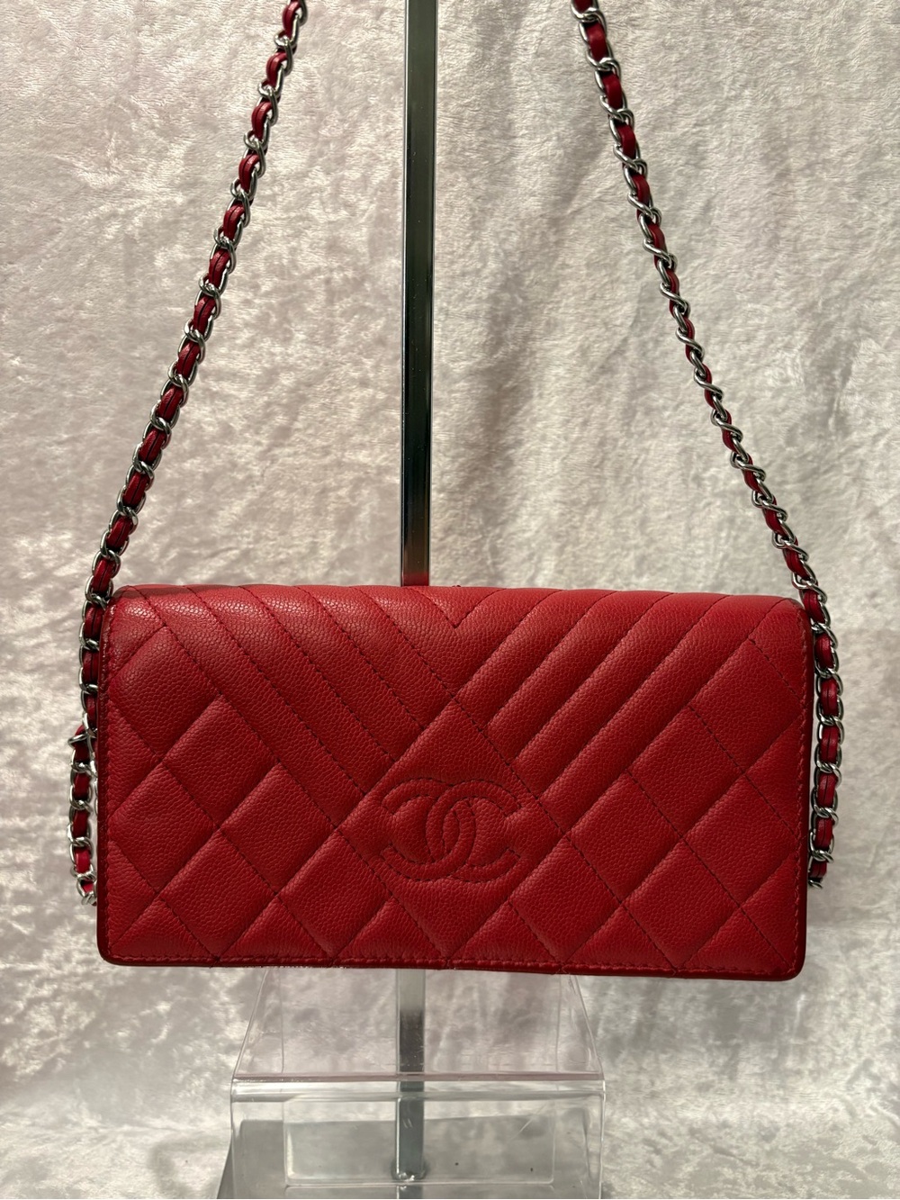 Chanel Caviar Chevron Calfskin Mixed Quilting Large Wallet on Chain Red COA